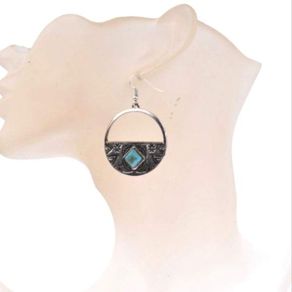 Boho Festival Folk Round Drop Turquoise Earrings - Picture 7 of 10